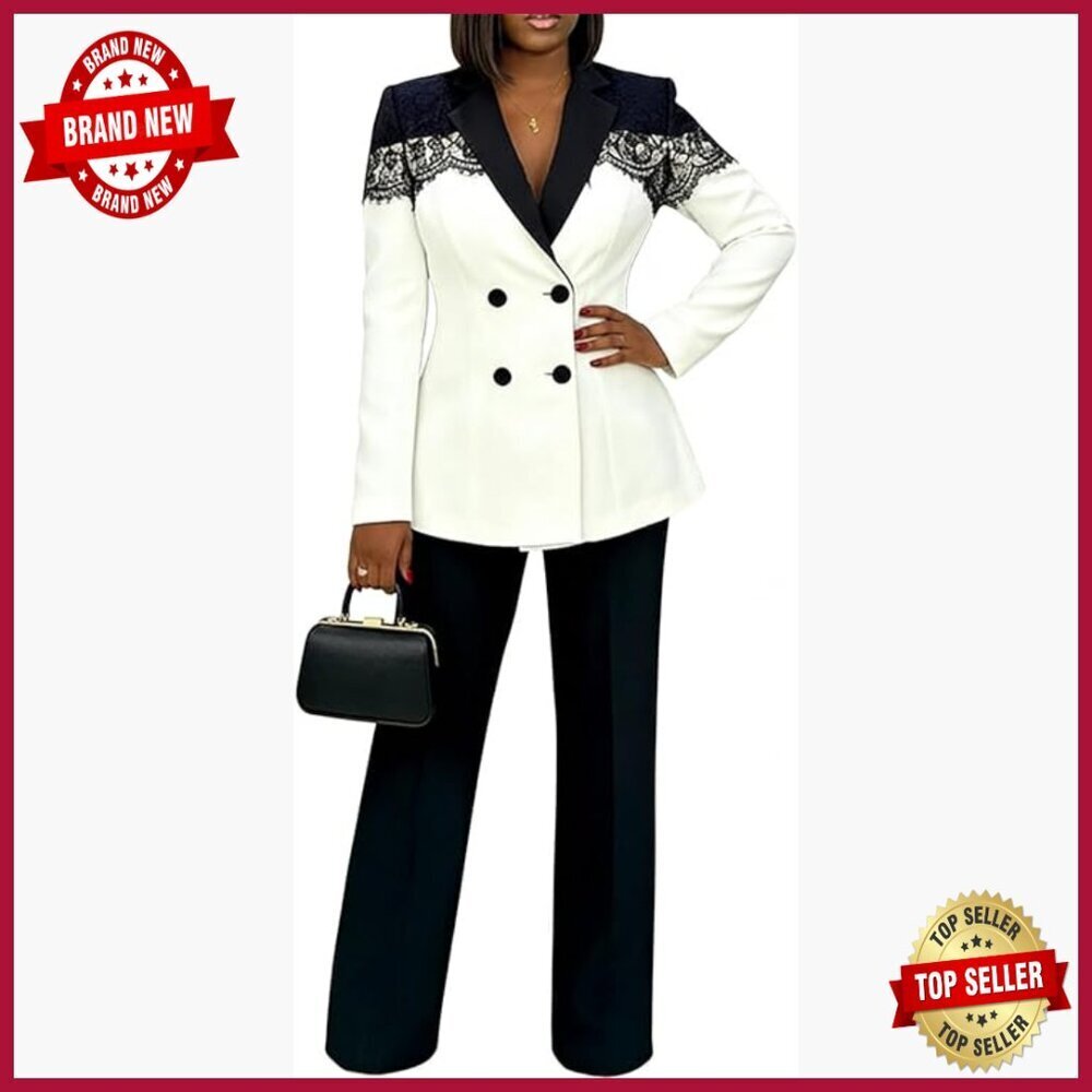 Plus Size Business Casual Blazer & Pants Suit Set, Polyester-Spandex Blend